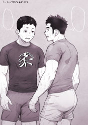 Rule 34 | 2boys, ass, bara, bulge, clothes writing, covered erect nipples, eye contact, feet out of frame, gakki (gaku suru), greyscale, looking at another, male focus, monochrome, multiple boys, original, pectorals, shirt, shirt print, short hair, shorts, sideburns, sweat, thick eyebrows, toned, toned male