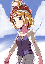 Rule 34 | 1girl, alice margatroid, blonde hair, blue eyes, casual, collarbone, hat, jewelry, mayuge inu, on head, pendant, shanghai doll, solo, touhou