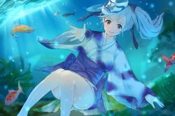 Rule 34 | 10s, 1girl, ancolatte (onikuanco), blue hair, bow, bubble, fish, japanese clothes, jinmen-gyo (kemono friends), kemono friends, kimono, mask, mask on head, open mouth, ponytail, purple eyes, underwater, water