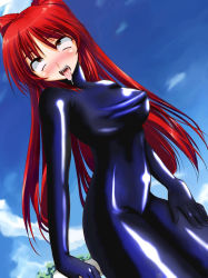 Rule 34 | 1girl, ahegao, blush, bodysuit, breasts, brown eyes, cloud, female focus, highres, latex, latex suit, long hair, nature, open mouth, outdoors, red hair, saliva, shiny clothes, skin tight, sky, solo, tongue