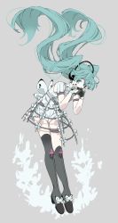 Rule 34 | 1girl, aqua eyes, aqua hair, black footwear, black thighhighs, boots, bug, butterfly, butterfly on foot, butterfly on hand, butterfly wings, eiku, floating hair, full body, gloves, grey background, grey gloves, hatsune miku, headphones, highres, insect, insect wings, long hair, looking at viewer, mary janes, shirt, shoes, shorts, skirt basket, sleeveless, sleeveless shirt, solo, thighhighs, twintails, very long hair, vocaloid, white shorts, wings