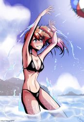 Rule 34 | 1girl, absurdres, armpits, asymmetrical hair, ball, bare arms, bare shoulders, beachball, bikini, black bikini, blue eyes, blue sky, blush, breasts, cleavage, closed eyes, cloud, creatures (company), day, game freak, grin, hair tie, highres, light blush, looking at another, medium breasts, misty (pokemon), nintendo, ocean, orange hair, outdoors, partially submerged, pokemon, pokemon rgby, ponytail, sayaviking, short hair, side ponytail, sky, smile, swimsuit, water, wet