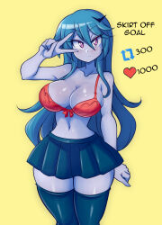 Rule 34 | 1girl, absurdres, blue hair, blue skin, blush, bra, breasts, cleavage, colored skin, cowboy shot, curvy, english text, expressionless, highres, large breasts, long hair, lucy (lucyfer), lucyfer, meme, navel, original, plaid, plaid skirt, red bra, red eyes, school uniform, shiny skin, unworn shirt, simple background, skirt, solo, standing, thighhighs, thighs, twitter strip game (meme), underwear, v, very long hair, wide hips, yellow background