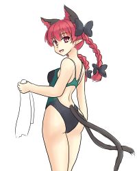 Rule 34 | 1girl, animal ears, ass, braid, cat ears, cat tail, competition swimsuit, isaki (gomi), kaenbyou rin, looking back, multiple tails, nekomata, one-piece swimsuit, red eyes, red hair, swimsuit, tail, touhou, towel, twin braids, two tails