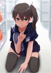 Rule 34 | 10s, 1girl, :|, between legs, black thighhighs, blue shirt, blue skirt, blurry, blurry background, blush, breasts, brown eyes, brown hair, character name, closed mouth, collarbone, employee uniform, eyebrows, full body, hair between eyes, hand between legs, hand on own chest, highres, holding, holding clothes, kaga (kancolle), kantai collection, lawson, long hair, looking at viewer, medium breasts, name tag, pleated skirt, seiza, shirosaki rio, shirt, shoshinsha mark, side ponytail, sitting, skirt, solo, striped clothes, striped shirt, thighhighs, translated, uniform, vertical-striped clothes, vertical-striped shirt, zettai ryouiki