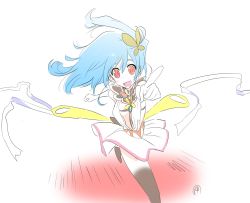 Rule 34 | 1girl, black skin, blue hair, breasts, butterfly hair ornament, center opening, colored skin, dress, flip flappers, hair ornament, highres, kojima takashi, long hair, looking at viewer, magical girl, multicolored skin, official art, papika (flip flappers), pure barrier, red eyes, running, short dress, simple background, small breasts, solo, white background, white dress
