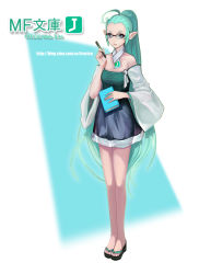 Rule 34 | 1girl, absurdres, ahoge, bare shoulders, book, detached sleeves, dress, english text, eyebrows, glasses, green hair, highres, holding, holding book, long hair, looking at viewer, original, parted lips, pointy ears, ponytail, sandals, simple background, standing, watermark, web address, weigesen, white background
