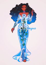 Rule 34 | 1girl, artist name, bad id, bad twitter id, bare shoulders, big hair, black eyes, black hair, blue hair, breasts, dress, flower, full body, gradient hair, hand up, leaf, looking at viewer, medium breasts, meyoco, multicolored hair, off-shoulder dress, off shoulder, original, partially immersed, print dress, simple background, solo, standing, white background, white flower