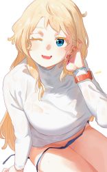 1girl, absurdres, adjusting hair, arm support, bikini, bikini bottom, blonde eyelashes, blonde hair, blue bikini, blue eyes, colored eyelashes, earrings, facial mark, fang, heart, highres, jewelry, legs together, long hair, long sleeves, looking at viewer, one eye closed, open mouth, original, ryusei hashida, shirt, signature, simple background, smile, solo, star (symbol), swimsuit, symbol in eye, thighs, untied, untied bikini, very long hair, watch, wet, wet clothes, wet shirt, white background, white shirt, wristwatch