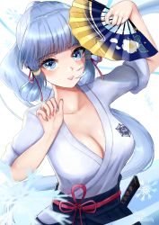 Rule 34 | 1girl, absurdres, alternate costume, artist name, ayaka (genshin impact), blue eyes, blue hair, blunt bangs, breasts, cleavage, collarbone, crest, curled fingers, family crest, fingernails, flower knot, folding fan, genshin impact, hair ribbon, hand fan, highres, holding, holding fan, japanese clothes, katana, light blue hair, light smile, long fingernails, long hair, looking at viewer, medium breasts, nail polish, no armor, parted lips, pink lips, pink nails, ponytail, ribbon, s redbutterfly, sheath, sheathed, signature, sleeves rolled up, snowflakes, solo, sword, tress ribbon, upper body, weapon