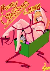 Rule 34 | 1girl, 2017, absurdres, armpits, bad id, bad pixiv id, blonde hair, blue eyes, box, breasts, christmas, crossed legs, dated, dungeon and fighter, feet, fishnet thighhighs, fishnets, full body, gift, gift box, hat, heterochromia, high heels, highres, in box, in container, large breasts, long hair, merry christmas, minew, naked ribbon, original, red eyes, red footwear, red ribbon, ribbon, santa hat, shoe dangle, smile, solo, thighhighs, underboob