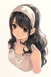 Rule 34 | 1girl, bad id, bad pixiv id, black hair, blush, brown eyes, closed mouth, cropped torso, cross, cross necklace, grey background, hairband, hime kyun fruit can, jewelry, long hair, looking at viewer, natsu natsuna, necklace, okumura mayuri, real life, simple background, smile, solo, swept bangs, upper body, wavy hair