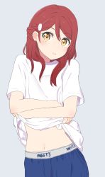 Rule 34 | 1girl, absurdres, boxers, clothes lift, crossed arms, grey hair, hair ornament, hairclip, half updo, highres, lifting own clothes, long hair, looking at viewer, love live!, love live! sunshine!!, male underwear, navel, nico dot, parted lips, red hair, sakurauchi riko, shirt, shirt lift, short sleeves, solo, t-shirt, underwear, undressing, white shirt, yellow eyes