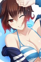 Rule 34 | 10s, 1girl, 2015, aged up, alternate breast size, arm up, bikini, blasowa, blush, breasts, brown eyes, brown hair, cleavage, collarbone, dated, gradient hair, grin, highres, kantai collection, looking at viewer, multicolored hair, mutsuki (kancolle), mutsuki kai ni (kancolle), one-hour drawing challenge, one eye closed, red hair, short hair, smile, solo, string bikini, striped bikini, striped clothes, swimsuit, twitter username, upper body