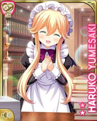 Rule 34 | 1girl, :d, apron, black dress, blonde hair, bookcase, bow, card (medium), character name, day, dress, closed eyes, female focus, girlfriend (kari), green eyes, indoors, long hair, looking at viewer, maid apron, maid headdress, mansion, official art, open mouth, purple bow, qp:flapper, smile, solo, standing, table, tagme, white apron, white headwear, wooden table, yumesaki haruko