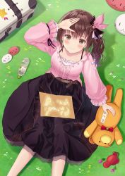 Rule 34 | 1girl, absurdres, ankimo (tokino sora), belt, blouse, blush, breasts, brown eyes, brown hair, brown skirt, camisole, closed mouth, feet out of frame, frilled camisole, frills, grass, hair ornament, hair ribbon, highres, hololive, long hair, long skirt, long sleeves, looking at viewer, medium breasts, nun nun (tokino sora), pink ribbon, pink shirt, pleio, ribbon, shading eyes, shirt, side ponytail, sitting, skirt, smile, solo, star (symbol), star hair ornament, stuffed animal, stuffed toy, teddy bear, tokino sora, tokino sora (casual), virtual youtuber, wavy hair, white camisole