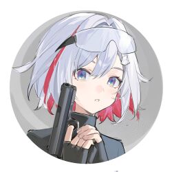 Rule 34 | 1girl, black suit, blue eyes, blush, colored inner hair, diamond-shaped pupils, diamond (shape), finger on trigger, fingerless gloves, formal, gloves, goggles, goggles on head, gun, hair between eyes, hair ornament, highres, holding, holding gun, holding weapon, honkai: star rail, honkai (series), looking at viewer, mecroty, medium hair, multicolored eyes, multicolored hair, parted lips, portrait, red hair, simple background, suit, symbol-shaped pupils, topaz (honkai: star rail), weapon, white hair