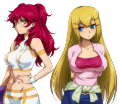 Rule 34 | 00s, 2girls, arms behind back, bad haro, bare shoulders, blonde hair, breast envy, breasts, freckles, frown, gundam, gundam 00, hair ornament, hairclip, hairu, hand on own hip, hip focus, holding own arm, large breasts, long hair, looking at breasts, louise halevy, medium breasts, midriff, multiple girls, navel, nena trinity, pout, red hair, shirt, simple background, skin tight, taut clothes, taut shirt, two side up, wristband