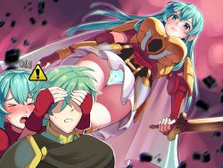 Rule 34 | 1boy, 1girl, aqua eyes, aqua hair, armor, blush, boots, boris (noborhys), brother and sister, cameltoe, cape, chromatic aberration, covering another&#039;s eyes, covering own eyes, dutch angle, eirika (fire emblem), ephraim (fire emblem), fire emblem, fire emblem: the sacred stones, fire emblem heroes, gloves, highres, holding, holding weapon, long hair, looking at viewer, miniskirt, nintendo, open mouth, outdoors, panties, pantyshot, siblings, skirt, sweat, sword, thigh boots, thighhighs, underwear, weapon