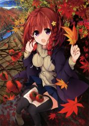 Rule 34 | 1girl, :d, absurdres, ahoge, artist request, autumn leaves, black thighhighs, blue skirt, braid, brown footwear, brown sweater, day, food, fruit, hair between eyes, hair ornament, highres, holding, holding food, long hair, looking at viewer, miniskirt, open mouth, original, outdoors, persimmon, pleated skirt, purple eyes, red hair, sitting, skirt, smile, solo, star (symbol), star hair ornament, sweater, thighhighs, tomato, zettai ryouiki