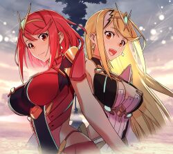 Rule 34 | 2girls, back-to-back, blonde hair, breasts, cleavage, cleavage cutout, clothing cutout, decoponmagi, dress, earrings, jewelry, large breasts, long hair, multiple girls, mythra (xenoblade), open mouth, pyra (xenoblade), red eyes, red hair, short hair, smile, swept bangs, tiara, white dress, xenoblade chronicles (series), xenoblade chronicles 2