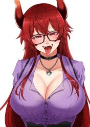 Rule 34 | 1girl, black choker, blush, breasts, choker, cleavage, dola (7th costume) (nijisanji), dola (nijisanji), dragon girl, dragon horns, fangs, glasses, gradient horns, hair between eyes, head tilt, heart pendant, highres, horns, huge breasts, jewelry, long hair, long tongue, looking at viewer, multicolored horns, nijisanji, official alternate costume, open mouth, partially unbuttoned, pendant, purple shirt, red eyes, red hair, sei no ji, shirt, simple background, smile, solo, tongue, tongue out, upper body, virtual youtuber, white background