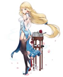 Rule 34 | 1girl, alternate costume, animal print, artist request, ass, aurora (azur lane), azur lane, back, backless dress, backless outfit, bare back, between buttocks, black panties, black thighhighs, blonde hair, blue footwear, breasts, closed mouth, dress, earrings, ears visible through hair, fish print, floral print, folded fan, folding fan, full body, garter straps, green eyes, hair flaps, hand fan, jewelry, kneepits, long hair, low-tied long hair, medium breasts, official art, panties, rudder footwear, shoes, side slit, skindentation, smile, solo, standing, standing on one leg, tachi-e, thighhighs, transparent background, turret, underwear, very long hair