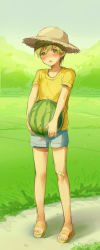 Rule 34 | 10s, 1boy, aged down, bandages, blush, brown hair, child, food, free!, fruit, full body, green eyes, hat, male focus, melon, mo (nmnme), open mouth, short hair, shorts, solo, sun hat, sweat, tachibana makoto