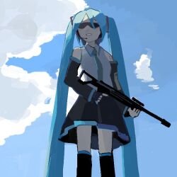 Rule 34 | 1girl, black gloves, black skirt, black thighhighs, blue hair, blue necktie, cloud, collared shirt, detached sleeves, fingerless gloves, gloves, grey shirt, hatsune miku, headset, long hair, looking up, modercated, necktie, parted lips, shirt, skirt, sky, smile, solo, sunglasses, thighhighs, trigger discipline, twintails, very long hair, vocaloid