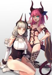 Rule 34 | 2girls, :d, bare shoulders, black socks, blue eyes, breasts, carmilla (fate), carmilla (fate) (cosplay), cosplay, detached sleeves, elizabeth bathory (fate), elizabeth bathory (fate/extra ccc), elizabeth bathory (second ascension) (fate), fate/grand order, fate (series), grey background, highres, hsin, kneehighs, kneeling, lancer (fate/extra ccc) (cosplay), large breasts, long hair, looking at viewer, multiple girls, navel, open mouth, parted lips, pink hair, pointy ears, silver hair, sitting, small breasts, smile, socks, white legwear, yellow eyes