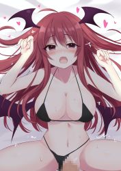 Rule 34 | 1boy, 1girl, :o, bat wings, bed sheet, bikini, bikini bottom aside, black bikini, blush, breasts, censored, cleavage, clothing aside, commission, fang, head wings, heart, hetero, koakuma, large breasts, long hair, looking at viewer, lying, missionary, mosaic censoring, multiple wings, navel, on back, on bed, open mouth, penis, pov, red eyes, red hair, sex, skeb commission, solo focus, subaru (subachoco), sweat, swimsuit, touhou, vaginal, wings