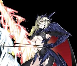 Rule 34 | 1girl, armor, artoria pendragon (fate), artoria pendragon (lancer) (fate), artoria pendragon (lancer alter) (fate), blonde hair, breasts, cape, cleavage, dark persona, fate/grand order, fate/stay night, fate (series), female focus, horse, huge breasts, large breasts, official art, polearm, reins, simple background, solo, spear, underboob, weapon