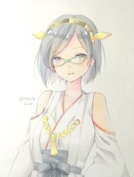 Rule 34 | 10s, 1girl, bare shoulders, black hair, detached sleeves, eyebrows, glasses, green-framed eyewear, hairband, headgear, japanese clothes, kantai collection, kirishima (kancolle), looking at viewer, nontraditional miko, parted lips, raymie0124, short hair, solo, twitter username