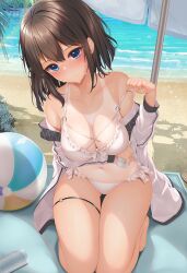 Rule 34 | 1girl, ball, bare legs, bare shoulders, barefoot, beach, beach umbrella, beachball, bikini, blue eyes, blush, breasts, brown hair, cleavage, closed mouth, collarbone, commentary request, day, frilled bikini, frills, large breasts, long sleeves, looking at viewer, medium hair, minato ojitan, navel, o-ring, o-ring bikini, o-ring top, ocean, off shoulder, one-piece tan, open clothes, original, outdoors, pulling own clothes, sand, seiza, sitting, solo, strap pull, swimsuit, tan, tanline, umbrella, water, white bikini