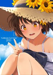 Rule 34 | 1girl, 2021, blue bow, bow, brown hair, character name, cloud, day, dress, female focus, flower, hat, hat flower, kantai collection, looking at viewer, off-shoulder dress, off shoulder, open mouth, orange eyes, outdoors, short hair, sky, solo, straw hat, summer, upper body, v, watanore, white dress, yellow flower, yukikaze (kancolle)