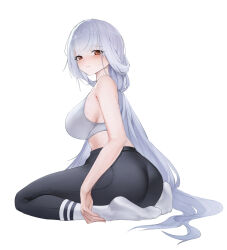 Rule 34 | 1girl, absurdres, armpit crease, ass, azur lane, bare arms, bare shoulders, breasts, commentary request, feet, from behind, from side, full body, grey hair, highres, large breasts, long hair, looking at viewer, low twintails, marseillaise (azur lane), marseillaise (fighting angel&#039;s regimen) (azur lane), midriff, no shoes, official alternate costume, pants, parted lips, partial commentary, red eyes, sideboob, simple background, sitting, socks, soles, solo, sweat, tank top, twintails, very long hair, wariza, white background, yoga pants, zhima