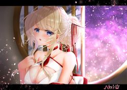 Rule 34 | 1girl, absurdres, artist name, azur lane, bare shoulders, blonde hair, blue eyes, breasts, chinese clothes, chinese new year, choker, cleavage cutout, clothing cutout, dress, flower, glorious (azur lane), glorious (pungent plum) (azur lane), hair ornament, hair stick, highres, huge filesize, indoors, kanzashi, large breasts, letterboxed, long hair, nako nya, neckwear request, official alternate costume, open clothes, open dress, petals, red choker, red dress, solo, white flower