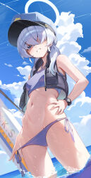 Rule 34 | 1girl, absurdres, ahoge, bare arms, bare shoulders, beach, bikini, bikini pull, blue archive, blue bikini, blue halo, blue sky, blush, breasts, clothes pull, cloud, collarbone, cowboy shot, day, flak jacket, from below, gluteal fold, grey hair, groin, hair over eyes, halo, hand on own hip, hat, highres, hutosutoro, jacket, long hair, looking at viewer, ocean, outdoors, peaked cap, police, police hat, police uniform, policewoman, pulled by self, side-tie bikini bottom, sky, small breasts, solo, stomach, swimsuit, uniform, valkyrie police academy student (blue archive), wading, water, wet