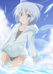 Rule 34 | 1girl, alternate costume, black one-piece swimsuit, blue eyes, blue hair, blush, bow, cirno, contemporary, cowboy shot, d:, day, dutch angle, hair bow, hair ribbon, hakobako, hood, hoodie, ice, ice wings, large bow, looking at viewer, matching hair/eyes, one-piece swimsuit, open mouth, partially submerged, ribbon, short hair, solo, swimsuit, touhou, wading, water, wings, zipper