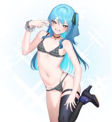 Rule 34 | 1girl, absurdres, ankle strap, aqua hair, bare shoulders, black choker, black thighhighs, bra, character name, choker, commentary, earrings, eredhen, flat chest, grin, groin, hair between eyes, hand on own thigh, high heels, highres, hololive, hoshimachi suisei, jewelry, long hair, looking at viewer, nail polish, navel, panties, plaid, plaid bra, plaid panties, side ponytail, sidelocks, single thighhigh, smile, solo, standing, standing on one leg, star-shaped pupils, star (symbol), star choker, star earrings, stomach, symbol-only commentary, symbol-shaped pupils, symbol in eye, thighhighs, underwear, underwear only, v, virtual youtuber, wrist cuffs