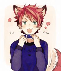 Rule 34 | 1boy, :3, a3!, animal ears, collar, dog boy, dog ears, dog tail, fangs, green eyes, heart, highres, kurodeko, looking at viewer, male focus, nanao taichi, open mouth, red hair, smile, solo, tail, tail wagging