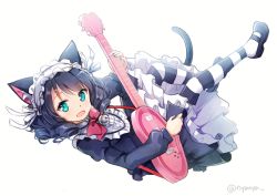 Rule 34 | 10s, 1girl, animal ears, bell, black dress, black hair, bonnet, bow, cat ears, cat tail, cyan (show by rock!!), dress, drill hair, electric guitar, gothic lolita, green eyes, guitar, instrument, juliet sleeves, lolita fashion, long sleeves, looking at viewer, maid headdress, nyanya, open mouth, pantyhose, puffy sleeves, ringlets, show by rock!!, simple background, solo, strawberry heart (show by rock!!), striped clothes, striped pantyhose, tail, white background