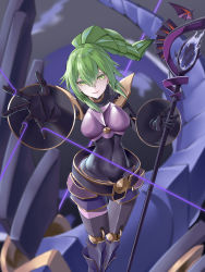 Rule 34 | 1girl, absurdres, bad id, bad pixiv id, belt, choker, doll joints, duel monster, el shaddoll winda, elizi, feet out of frame, green eyes, green hair, highres, holding, holding staff, joints, long hair, mechanical arms, mechanical legs, midriff, navel, outstretched hand, ponytail, puppet strings, solo, staff, wide sleeves, winda (yu-gi-oh!), yu-gi-oh!