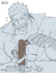 Rule 34 | abs, aegir (housamo), bara, beard, earrings, facial hair, feeding, food, force-feeding, giant, giant male, gomtang, jewelry, large pectorals, pectoral cleavage, male focus, protagonist 3 (housamo), monochrome, muscular, open clothes, open shirt, pectorals, pocky, pocky day, shirt, short sleeves, simple background, smile, tokyo houkago summoners, white hair