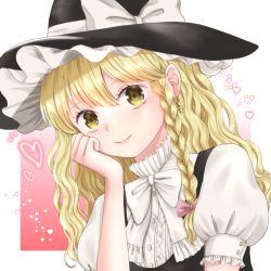 Rule 34 | 1girl, blonde hair, blush, bow, braid, hand on own cheek, hand on own face, hat, hat bow, heart, highres, kirisame marisa, kyabekko, long hair, looking at viewer, puffy short sleeves, puffy sleeves, short sleeves, smile, solo, touhou, upper body, white bow, witch hat, yellow eyes