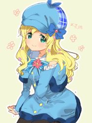 Rule 34 | 1girl, :&gt;, adjusting hair, aqua eyes, arm support, beige background, black pantyhose, blonde hair, blue dress, blue hat, blue ribbon, blush, buttons, capelet, closed mouth, collared dress, cordelia glauca, detective, dot nose, dress, eyelashes, floral background, flower, frilled sleeves, frills, fur-trimmed capelet, fur trim, gem, hair flower, hair ornament, hand in own hair, hat, hat ribbon, long hair, long sleeves, looking at viewer, mofun, neck ribbon, outline, pantyhose, pink flower, plaid, plaid headwear, ribbon, sitting, smile, solo, swept bangs, tantei opera milky holmes, tareme, uniform, wavy hair, white outline, yellow buttons