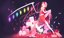 Rule 34 | 1girl, alternate costume, belt, bird, blonde hair, bow, bracelet, crystal, dove, feathers, flandre scarlet, flower, glowing, glowing wings, gradient background, hat, hat bow, jewelry, leg ribbon, ling (vivianling), long hair, mob cap, petals, pigeon, red eyes, red flower, red rose, ribbon, rose, side ponytail, sitting, skull, smile, solo, touhou, wings