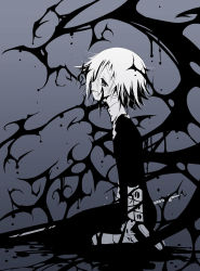 Rule 34 | 00s, androgynous, black dress, blue background, crona (soul eater), crying, cuff links, dress, gender request, greyscale, greyscale with colored background, high collar, highres, kneeling, monochrome, open mouth, ragnarok (demon sword), sad, sakurazawa izumi, short hair, skinny, slender, solo, soul eater, sword, tears, weapon, wings