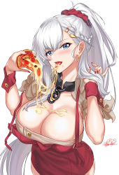 Rule 34 | 1girl, absurdres, azur lane, belfast (azur lane), belfast (piping-hot perfection) (azur lane), blue eyes, blush, braid, breasts, chain, cheese trail, collar, collarbone, dress, earrings, eating, food, food on body, food on breasts, french braid, hair between eyes, hair ornament, highres, holding, holding food, holding pizza, jewelry, large breasts, long hair, looking at viewer, nez-box, pizza, pizza slice, ponytail, red dress, silver hair, simple background, sleeveless, sleeveless dress, smile, solo, teeth, tongue, tongue out, white background