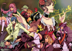 Rule 34 | 3boys, 5girls, absurdres, animal ears, aqua eyes, aqua hair, ass, beatrice (cosplay), beatrice (umineko), belt, blonde hair, blue eyes, blue hair, board game, bow, breasts, brown hair, bug, butterfly, cat tail, chess, choker, cleavage, cosplay, crossdressing, crossover, crown, dress, elbow gloves, empty eyes, evil grin, evil smile, flower, formal, frederica bernkastel, frederica bernkastel (cosplay), frills, fyfyluker, gloves, green eyes, green hair, grin, gumi, hair flower, hair ornament, hairclip, hat, hatsune miku, headset, highres, insect, kagamine len, kagamine rin, kaito (vocaloid), kamui gakupo, kiseru, kneehighs, lambdadelta, lambdadelta (cosplay), large breasts, lion, long hair, maria (umineko), maria (umineko) (cosplay), megurine luka, meiko (vocaloid), multiple boys, multiple girls, necktie, one eye closed, pink bow, pink hair, ponytail, purple eyes, purple hair, red eyes, rose, sakutarou (cosplay), sakutarou (umineko), scarf, short hair, skirt, smile, smoking pipe, socks, suit, tail, thighhighs, trap, twintails, umineko no naku koro ni, ushiromiya ange, ushiromiya ange (cosplay), ushiromiya battler, ushiromiya battler (cosplay), virgilia (cosplay), virgilia (umineko), vocaloid, wink